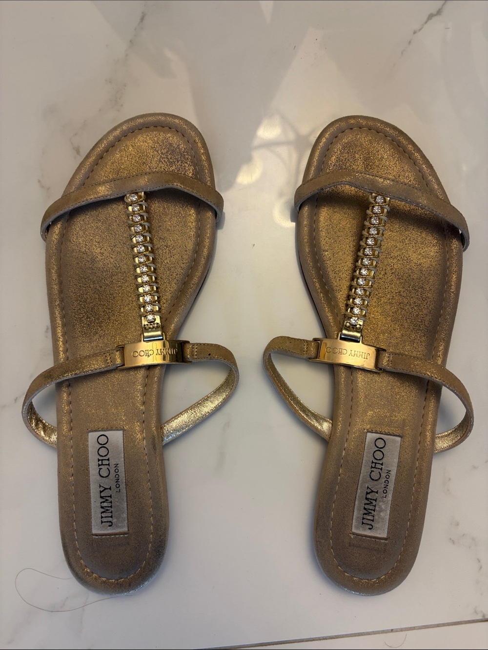 Jimmy Choo Gold Crystal T-Strap Sandals